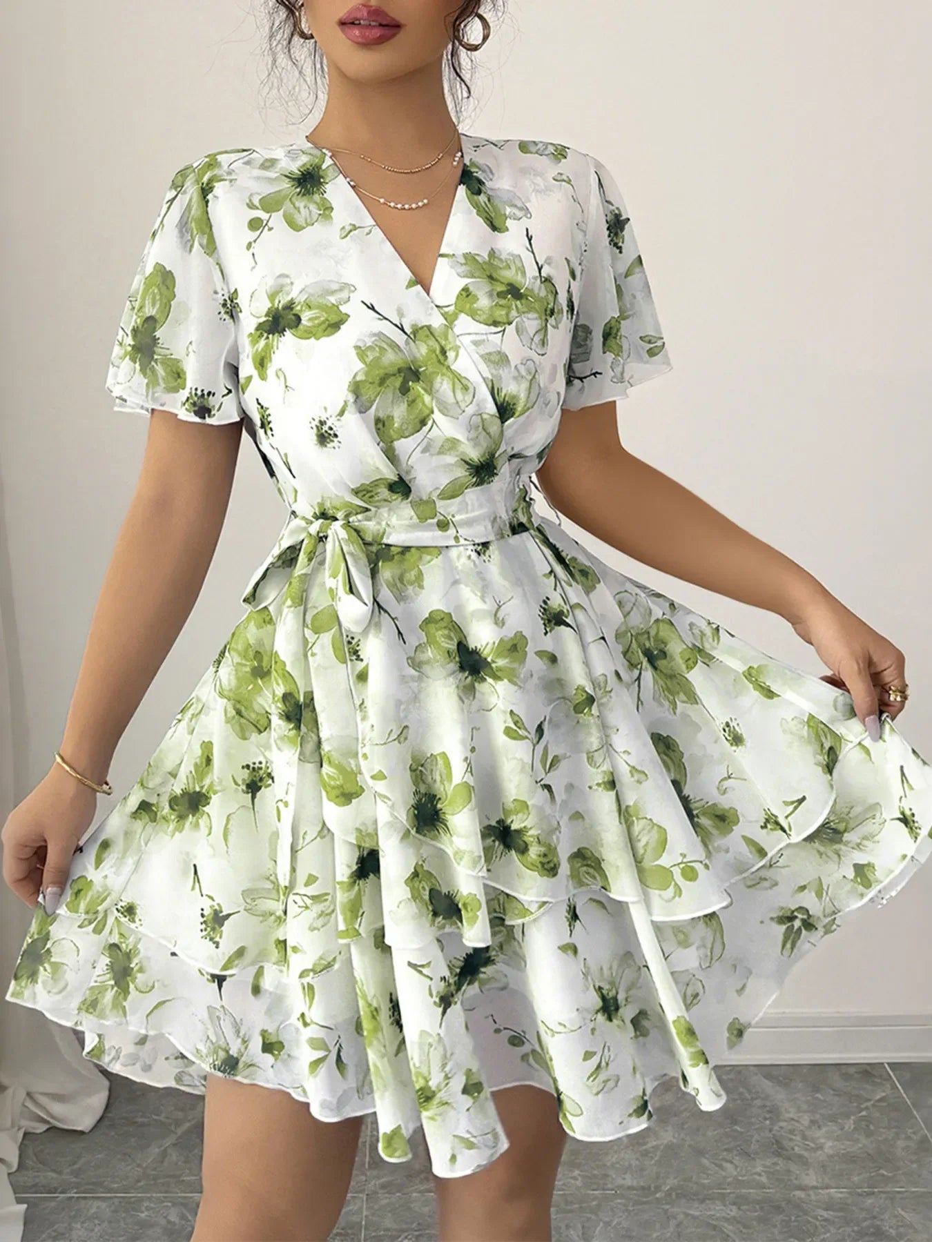 Printed Surplice Layered Mini Dress Green Bazarre Mart Printed Surplice Layered Mini Dress