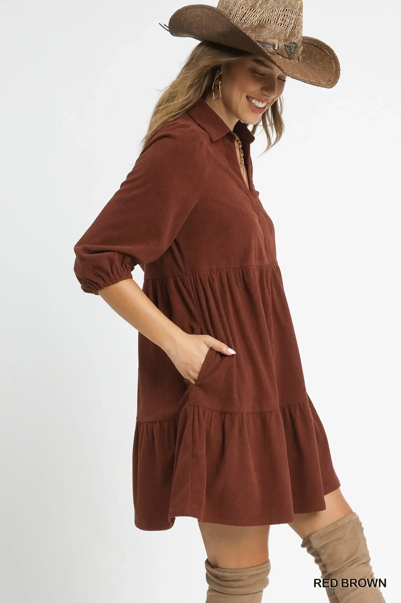 Umgee Tiered Corduroy Mini Dress with Balloon Sleeves Trendsi Tiered Corduroy Mini Dress with Balloon Sleeve Dress