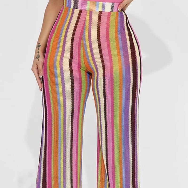 High Waist Rainbow Striped Wide Leg Pants
