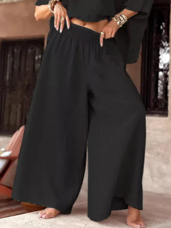 Boat Neck Top and Wide Leg Pants Set Bazaare Mart Wide Top and Pants Solid Color Outfit