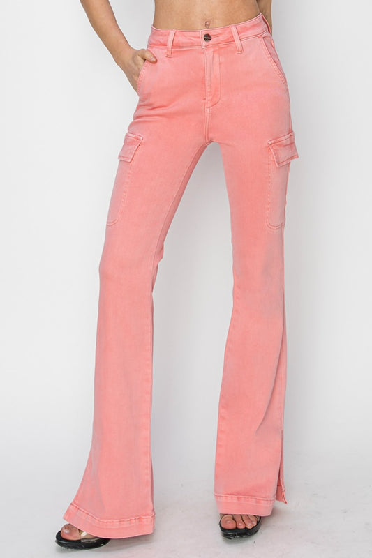 Pink High Rise Side Slit Cargo Bootcut Jeans