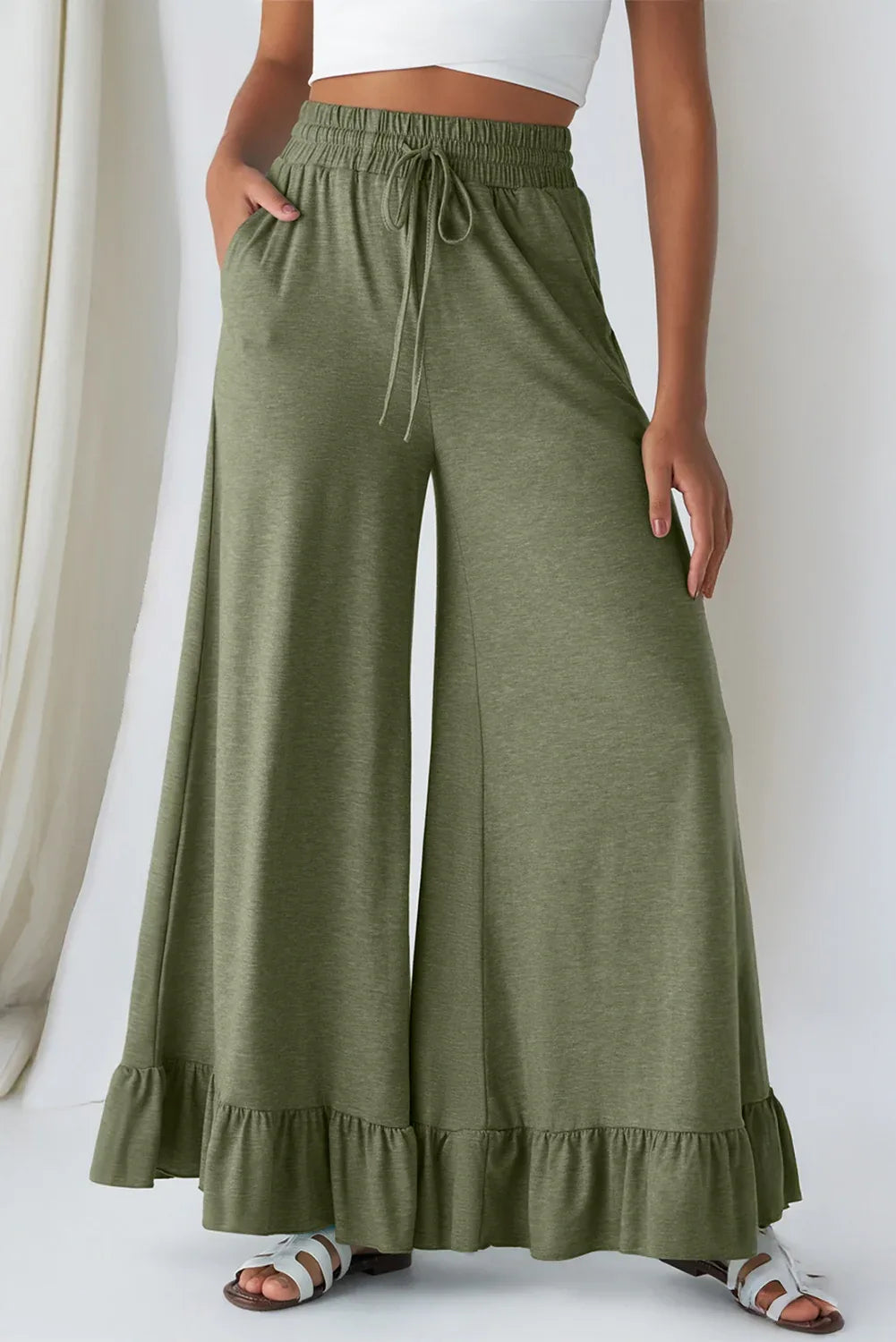 Sage Green Ruffled Wide Leg Pull On High Waist Pants with Pockets Bazaare Mart Bottoms/Pants & Culotte