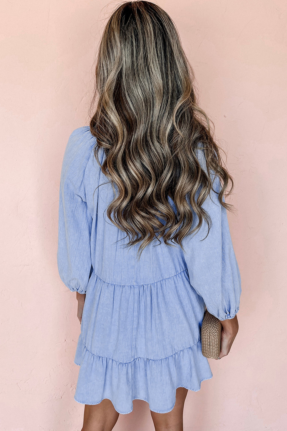 Light Blue 3/4 Puff Sleeve V Neck Tiered Ruffled Chambray Mini Dress