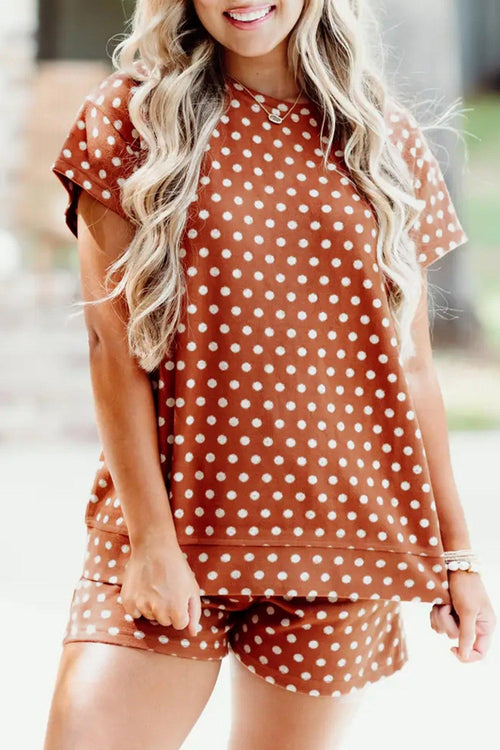Brown Polka Dot Print Short Set Brown 95%Polyester+5%Elastane Bazaare Mart Two Piece Sets/Short Sets