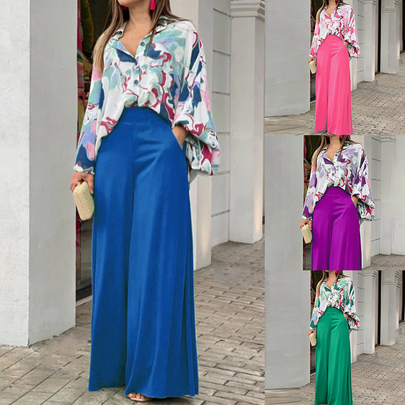 Loose & Printed Blouse and Coordinating Wide Leg Solid Color Pants Set CJ Dropshipping Loose Blouse and Pants Set