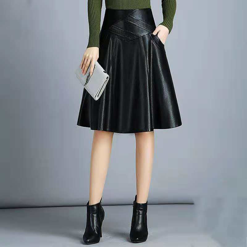 Black Knee-length High-waist pleated Leather Skirt