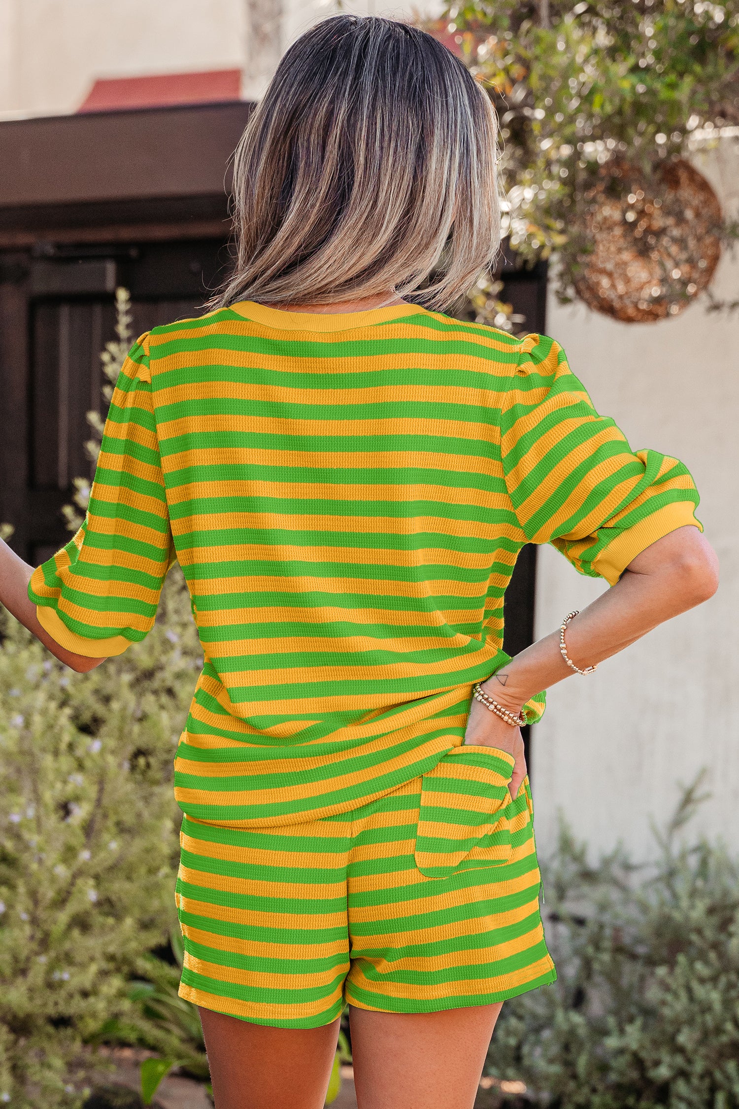 Striped Puff Half Sleeve T Shirt Shorts Set Dear-Lover Dropshipping Two Piece Sets/Short Sets