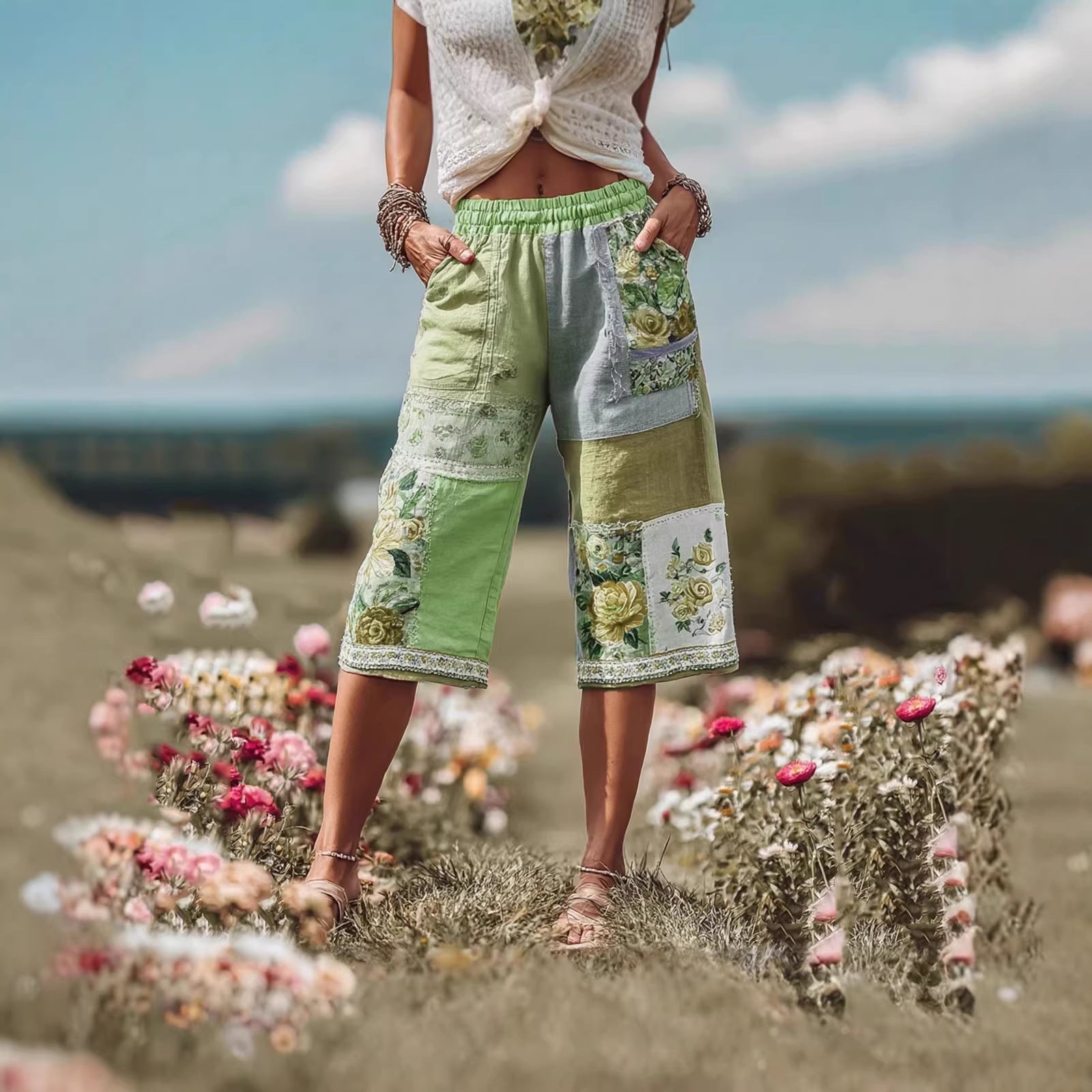 Women’s Retro Floral Patchwork Casual Capri Shorts – Boho Printed Wide Leg Pants CJ Dropshipping Patchwork Capris