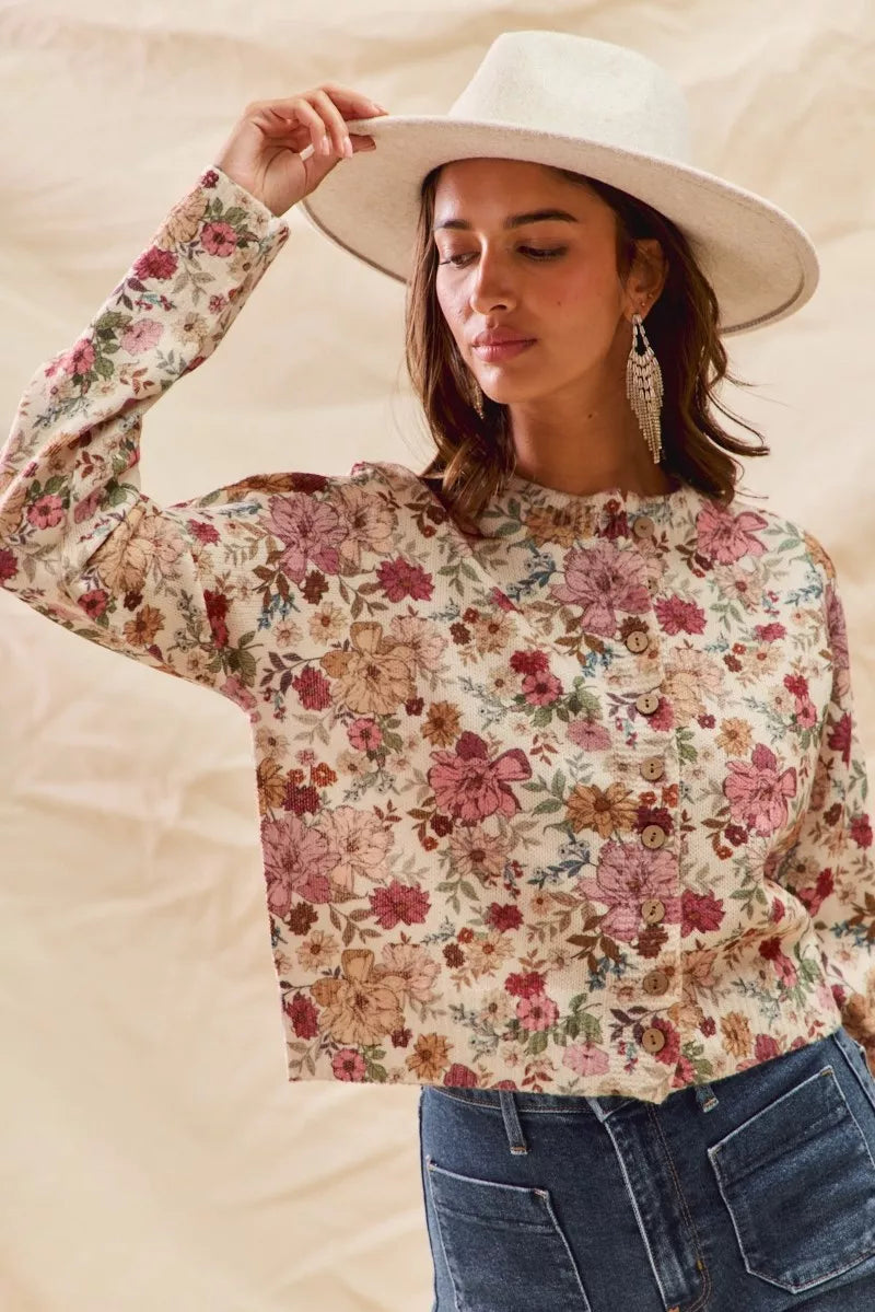 Beige Rose Cardigan Bazaare Mart SO ME Floral Print Button Front Sweater