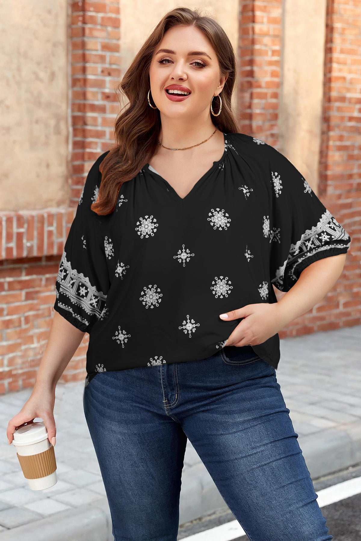 Black Boho Floral Notched V-Neck Top