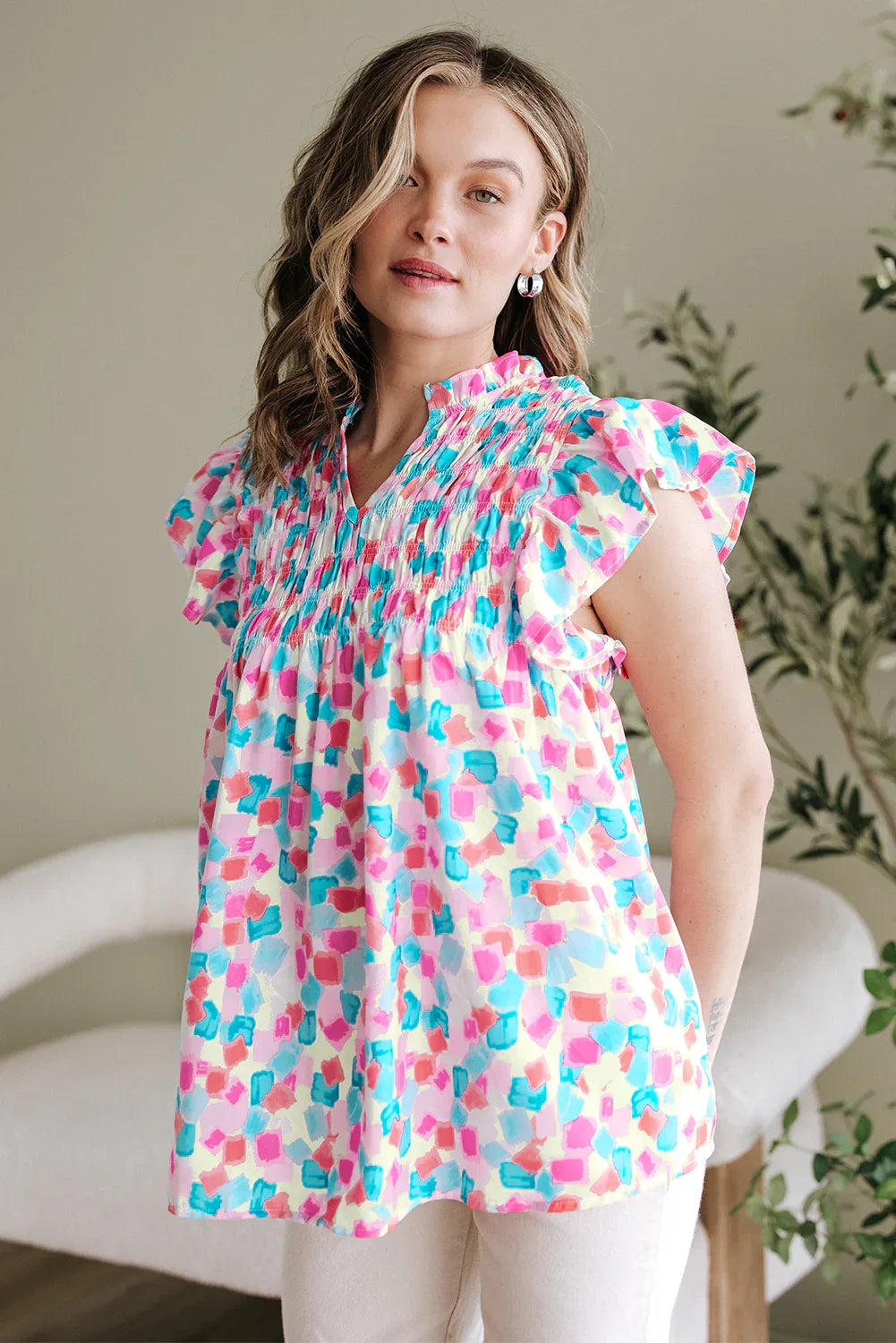 Shirred Yoke Ruffled Confetti Top Bazaare Mart Tops/Blouses & Shirts