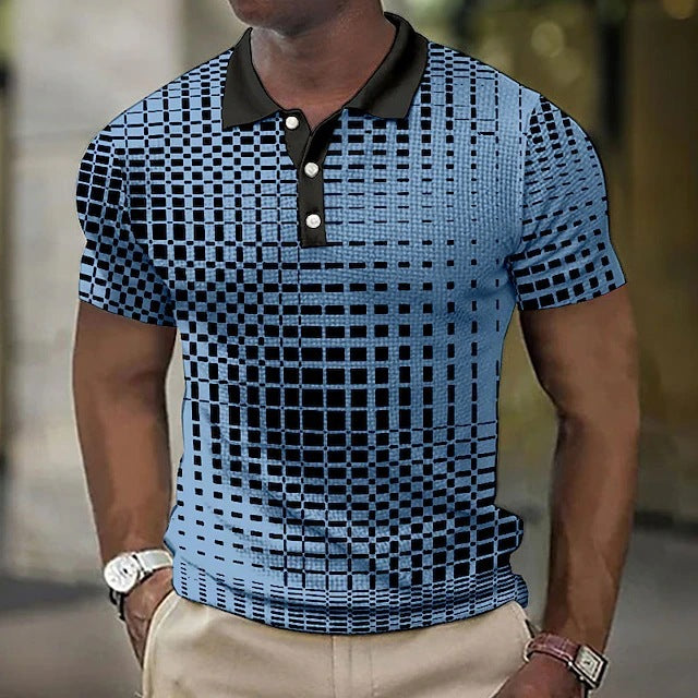 Men's Casual Short-Sleeve Plaid Polo Shirt Blue Plaid CJ Dropshipping Striped Polo Shirt