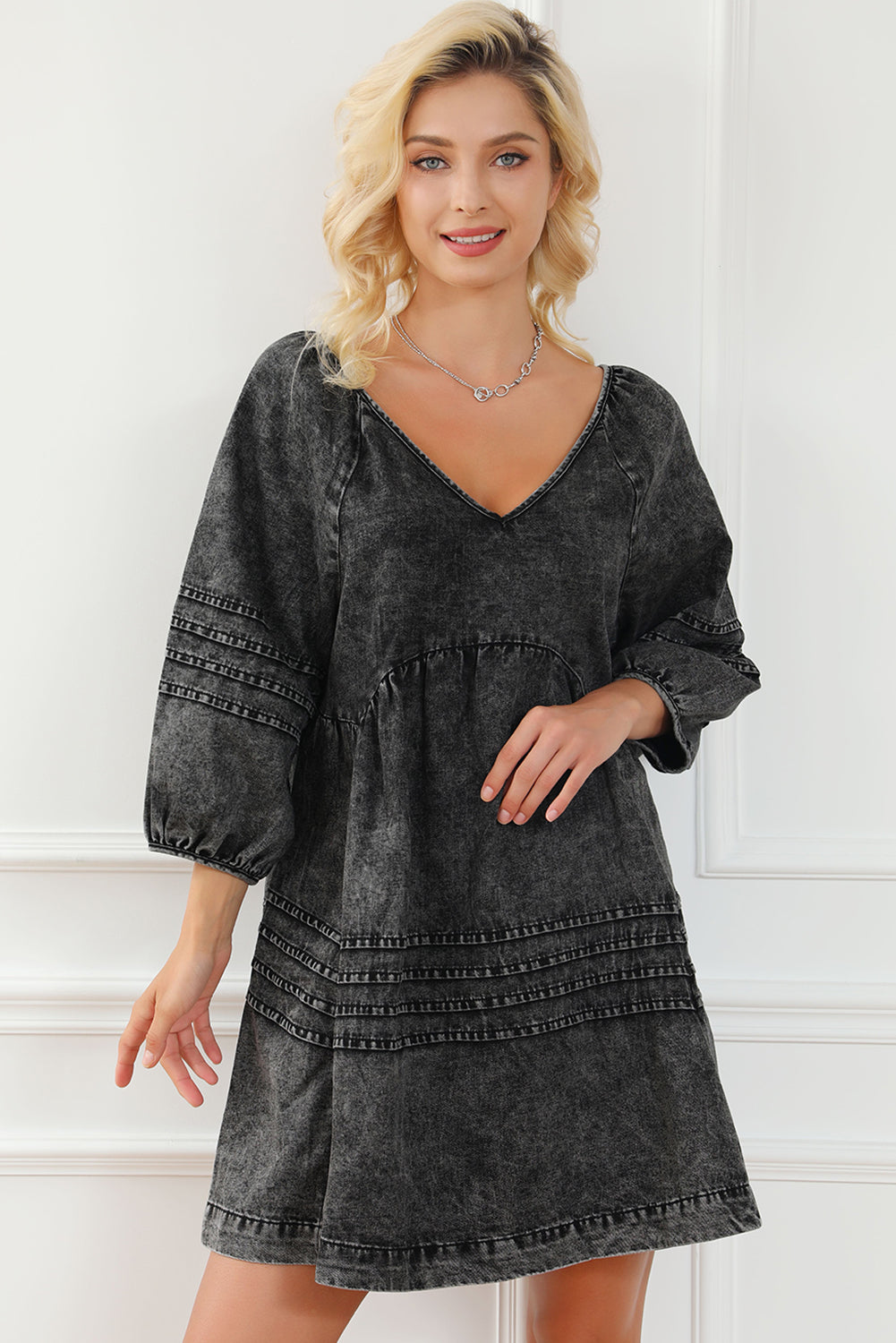 Black Pleated V Neck Puff Sleeve Denim Dress