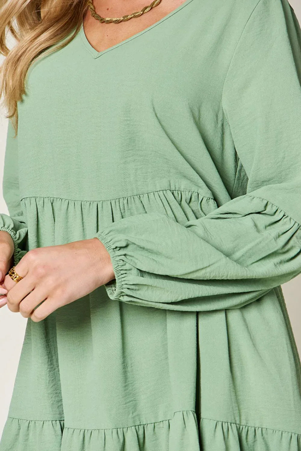 Solid V-Neck Long Balloon Sleeve Tiered Dress Bazaare Mart Long Sleeve Layered Dress