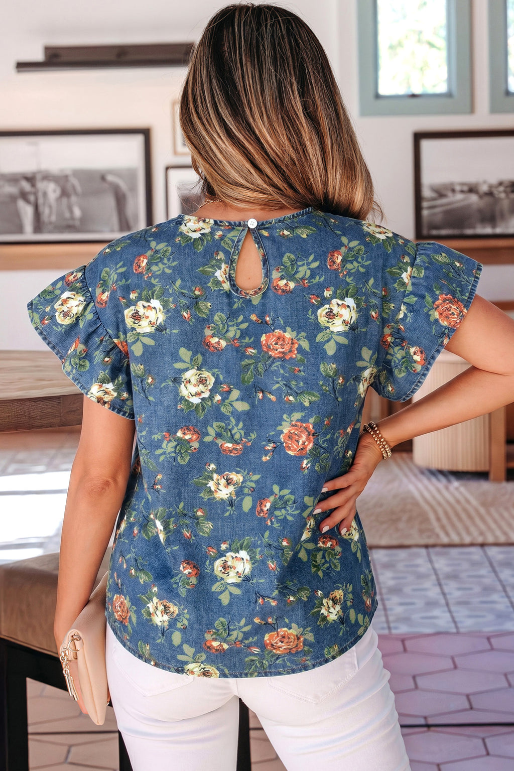 Ashleigh Blue Floral Denim Top – Ruffle Sleeve Washed Denim Blouse Dear-Lover Dropshipping Tops/Tops & Tees