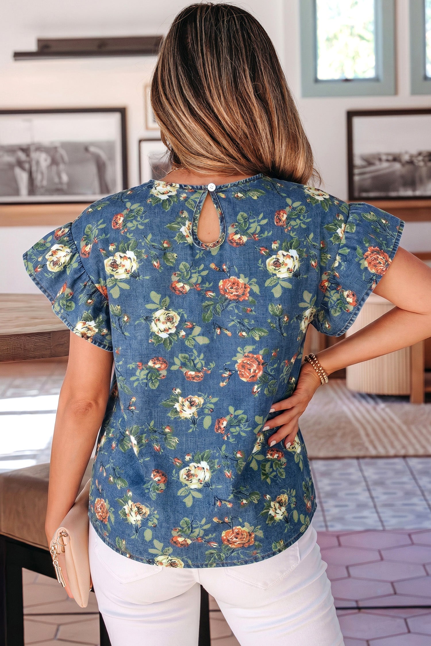 Ashleigh Blue Floral Denim Top – Ruffle Sleeve Washed Denim Blouse Dear-Lover Dropshipping Tops/Tops & Tees