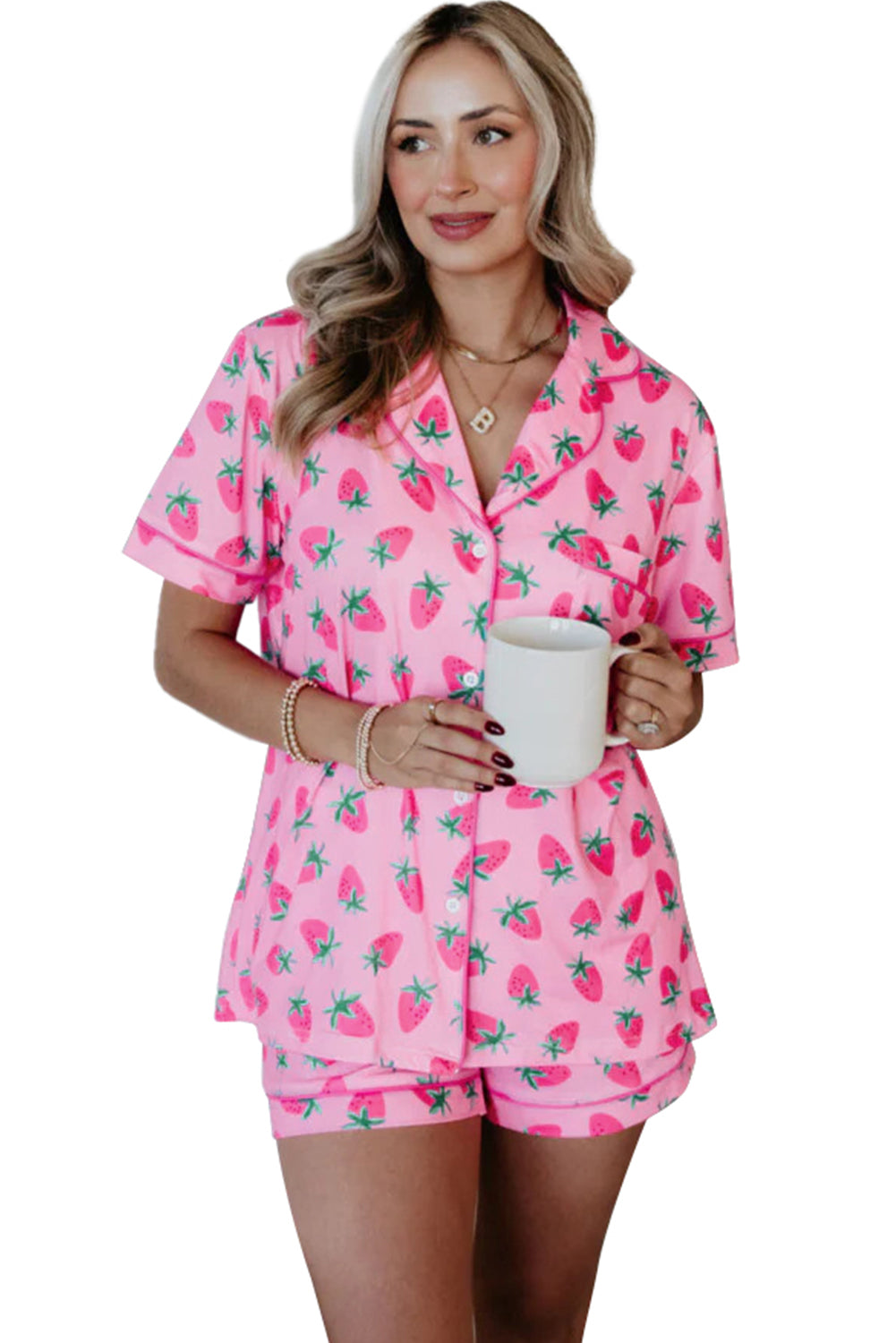 Pink Strawberries Shorts Pajama Set