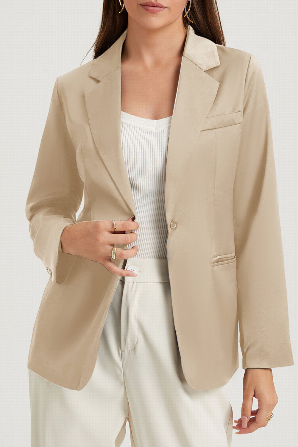 White Pocketed Single Button Lapel Neck Blazer