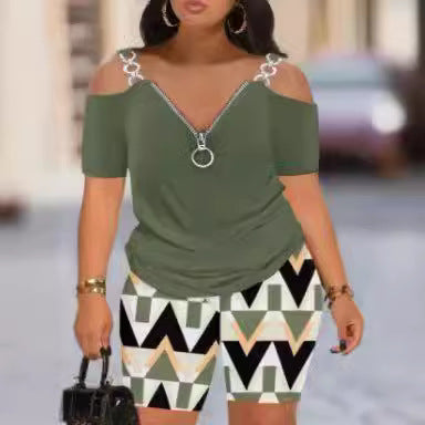 Cold Shoulder Zipper Short Sleeve Top with Shorts Set