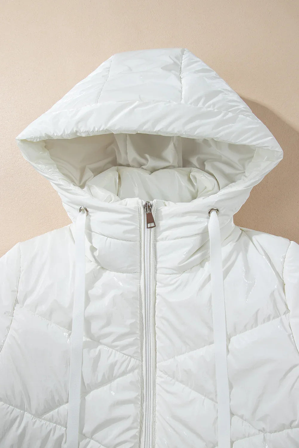 White Solid Quilted Hooded Zip Up Puffer Coat Bazaare Mart Outerwear/Jackets