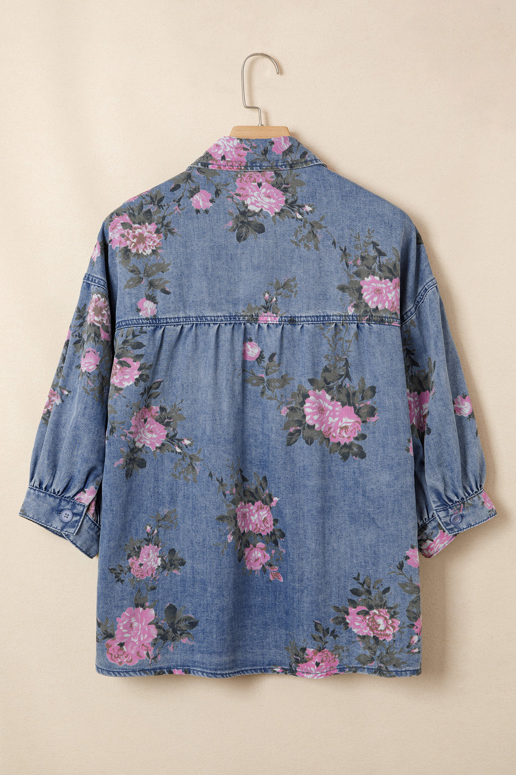 Blue Floral Denim Shirt – Bracelet Sleeve Lightweight Button Up Blouse