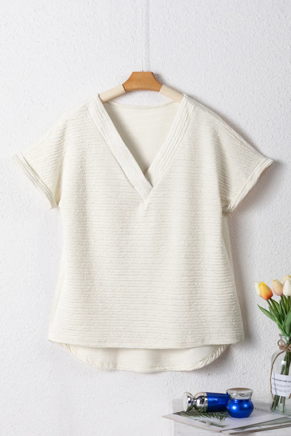 Pale Khaki Textured Wide Sleeve V Neck T Shirt Bazaare Mart Tops/Tops & Tees