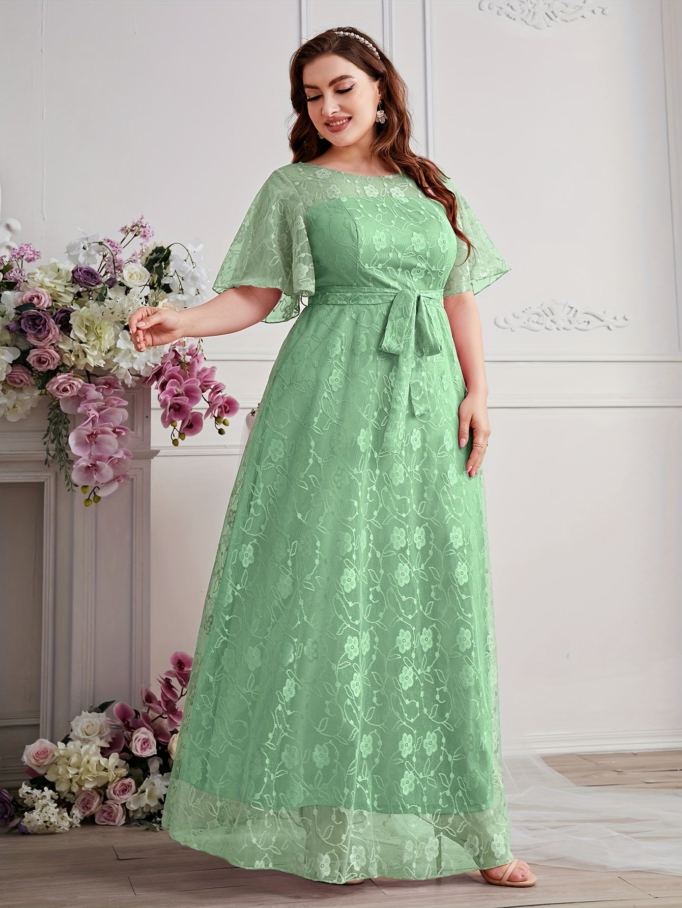 Elegant High Waist Lace Round Neck Half Flutter Sleeve Solid Color Formal Floor Length Dress