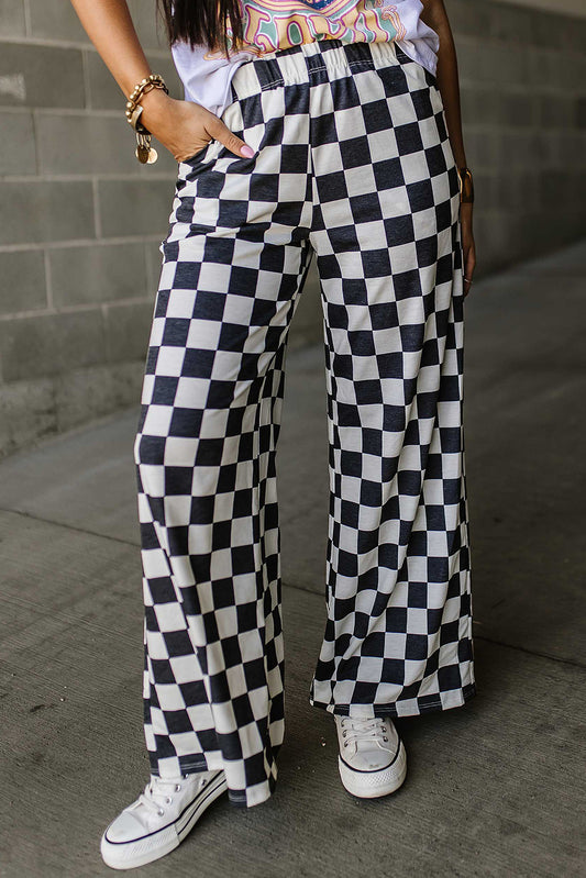 B&W Checkered Print High Waist Wide Leg Pants