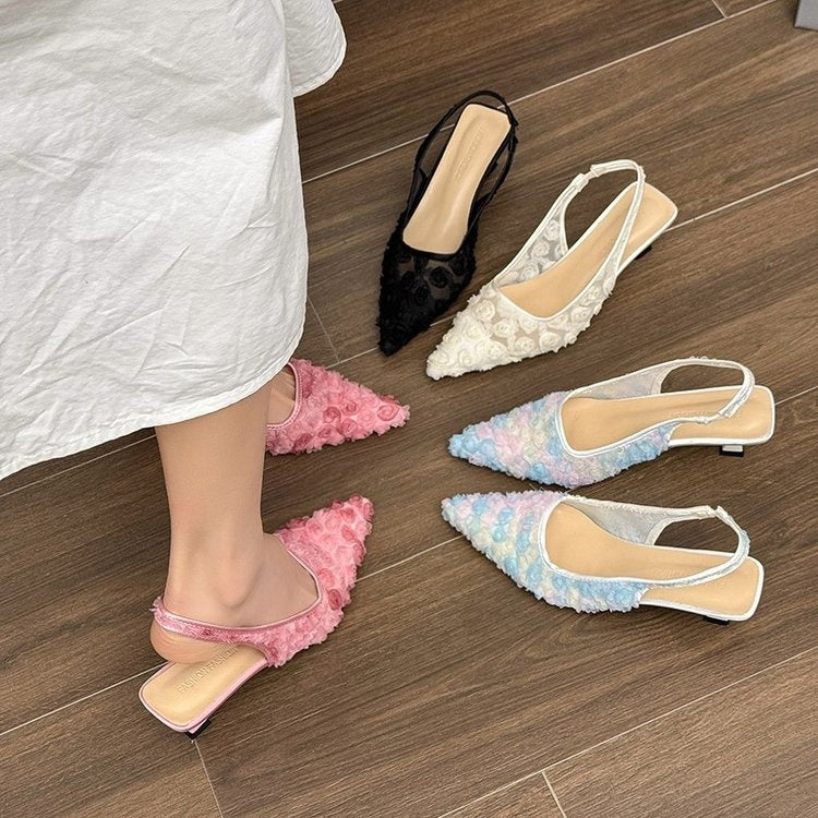 Women's French Style Lace Flower Closed Toe Sandals 2025 Summer New Pointed Toe Backless Slim High Heel Mule Sandals CJ Dropshipping Lace Flower Pointed Toe Sling Heels