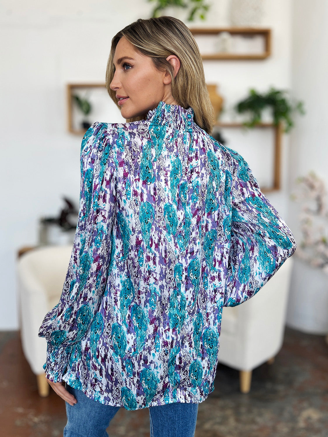 Abstract Smocked High Neck Long Sleeve Blouse