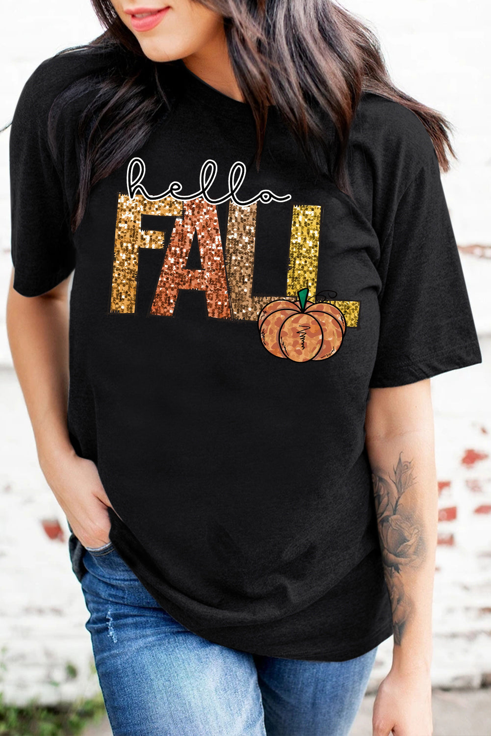 Black Hello Fall Pumpkin Graphic T Shirt