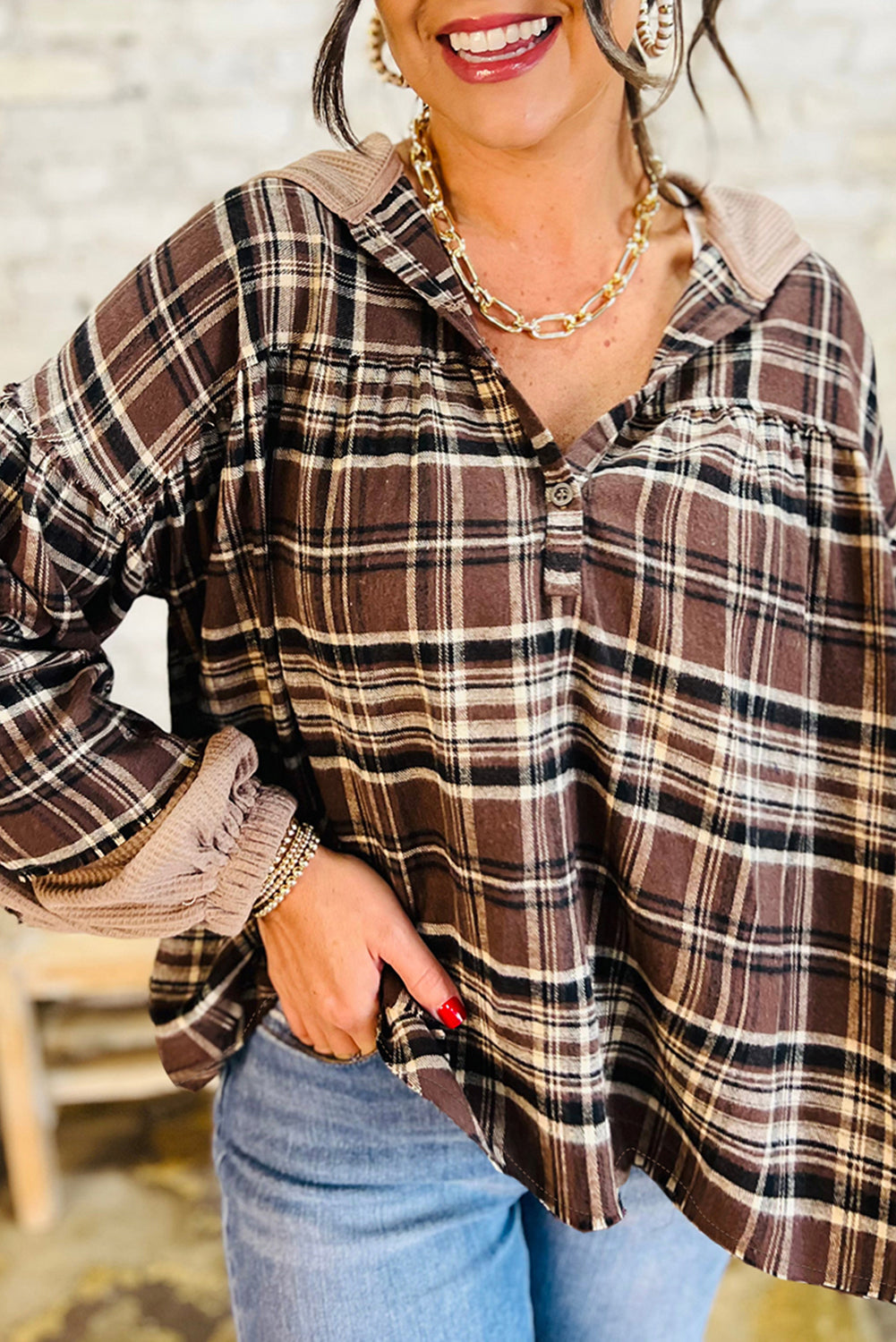 Brown Plaid Long Sleeve Hooded Henley Top