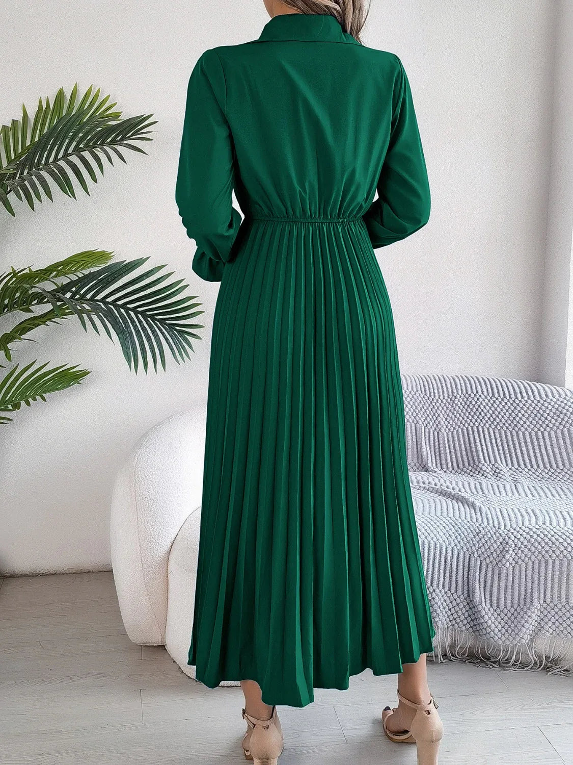 Pleated Half Button Long Sleeve Midi Dress Bazaare Mart Pleated Half Button Long Sleeve Midi Dress