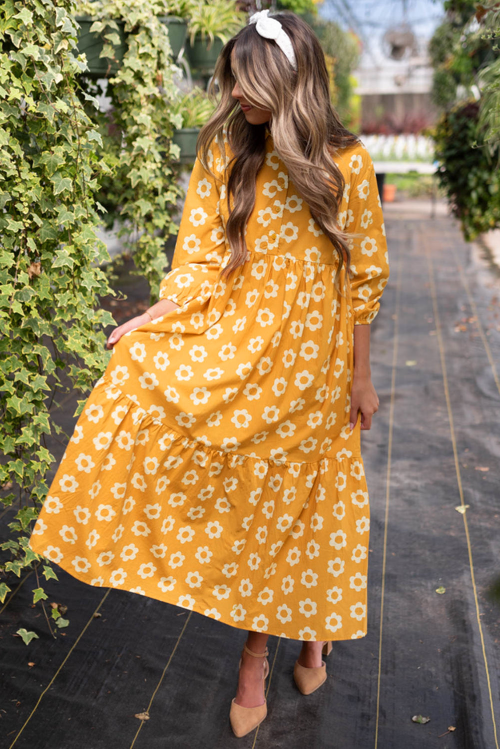 Yellow Flower 3/4 Sleeve Buttons Collared Maxi Dress