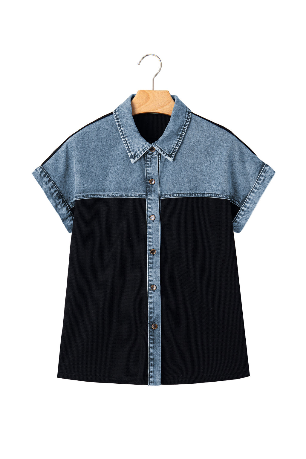 Black Textured Knit Denim Color Block Patchwork Collar Button Down Shirt Dear-Lover Dropshipping Tops/Blouses & Shirts