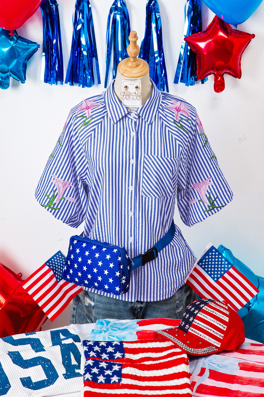 Sky Blue Stripe Embroidered Puff Sleeve Shirt – Lily Floral Button Down Blouse Dear-Lover Dropshipping Tops/Blouses & Shirts
