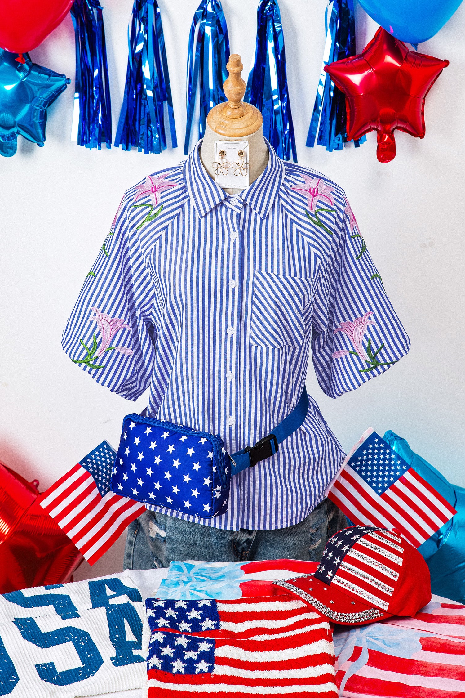 Sky Blue Stripe Embroidered Puff Sleeve Shirt – Lily Floral Button Down Blouse Dear-Lover Dropshipping Tops/Blouses & Shirts