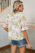 Multicolour Half Sleeve Boho Floral Pop of Color Neckline Blouse Multicolour Shewin Blouses