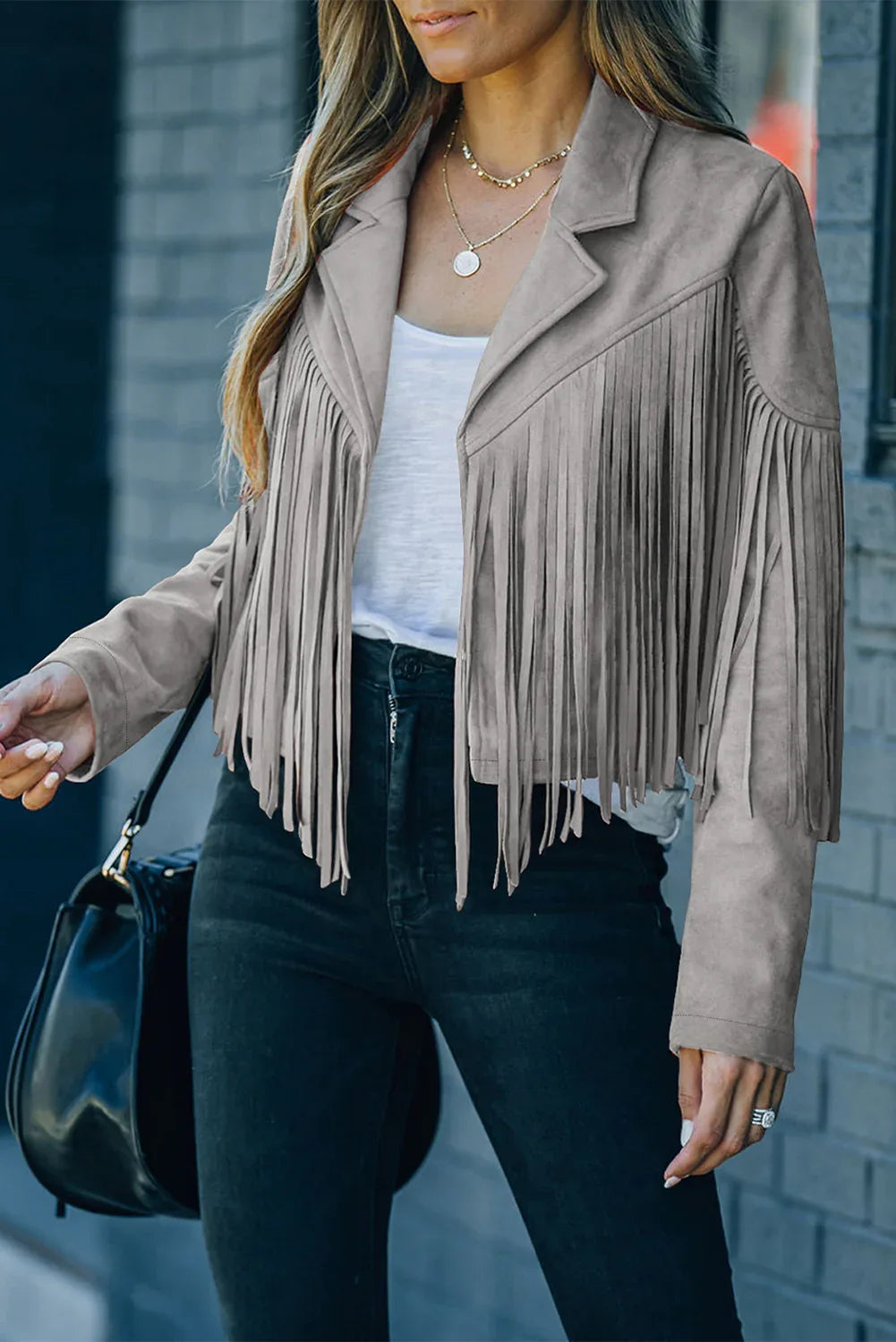 Cropped Fringed Faux Suede Jacket Gray-2 90%Polyester+10%Elastane
