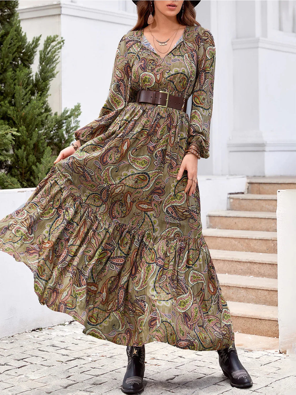 Printed Tie Neck Ruffle Hem Long Sleeve Dress Multicolor Bazaare Mart Printed Tie Neck Ruffle Hem Long Sleeve Dress