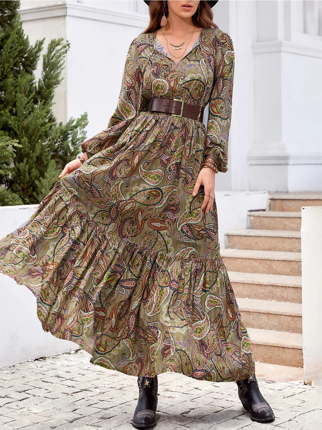 Printed Tie Neck Ruffle Hem Long Sleeve Dress Multicolor Bazaare Mart Printed Tie Neck Ruffle Hem Long Sleeve Dress