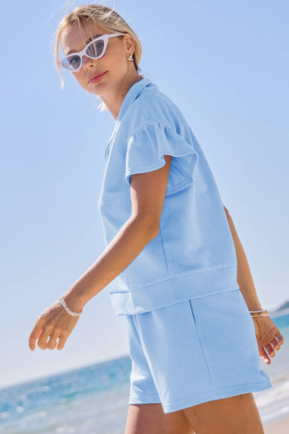 Light Blue Ribbed Texture Shorts Set