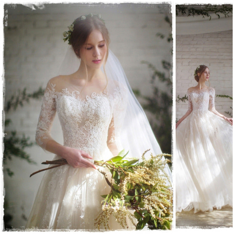 Off Shoulder 3/4 Lace Sleeve Formal Wedding Gown