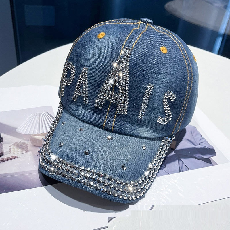 Distressed Denim Rhinestone Baseball Cap