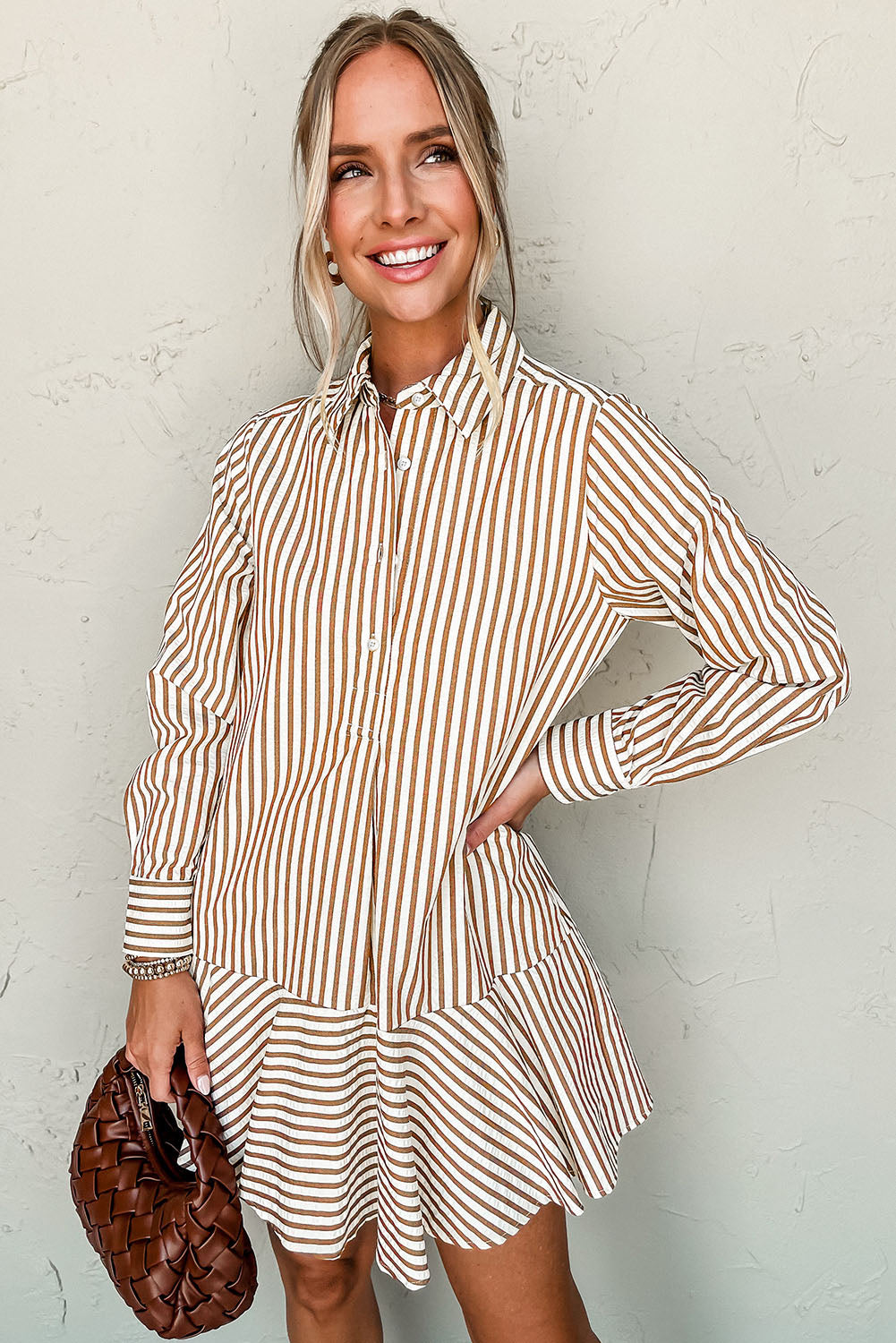 Brown Stripe Ruffle Hem Collared Long Sleeve Shirt Dress