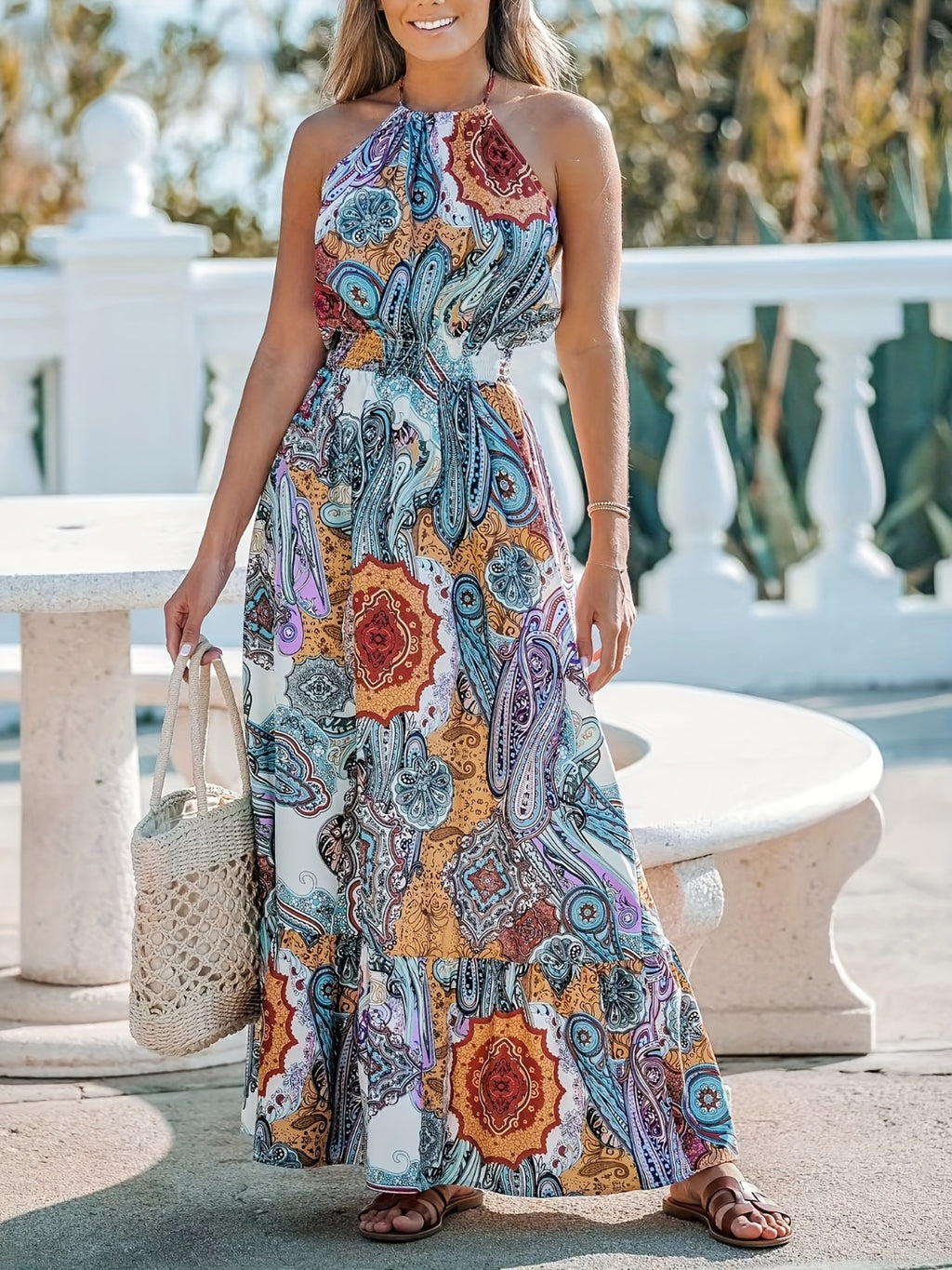Mandala Printed Halter Neck Maxi Dress