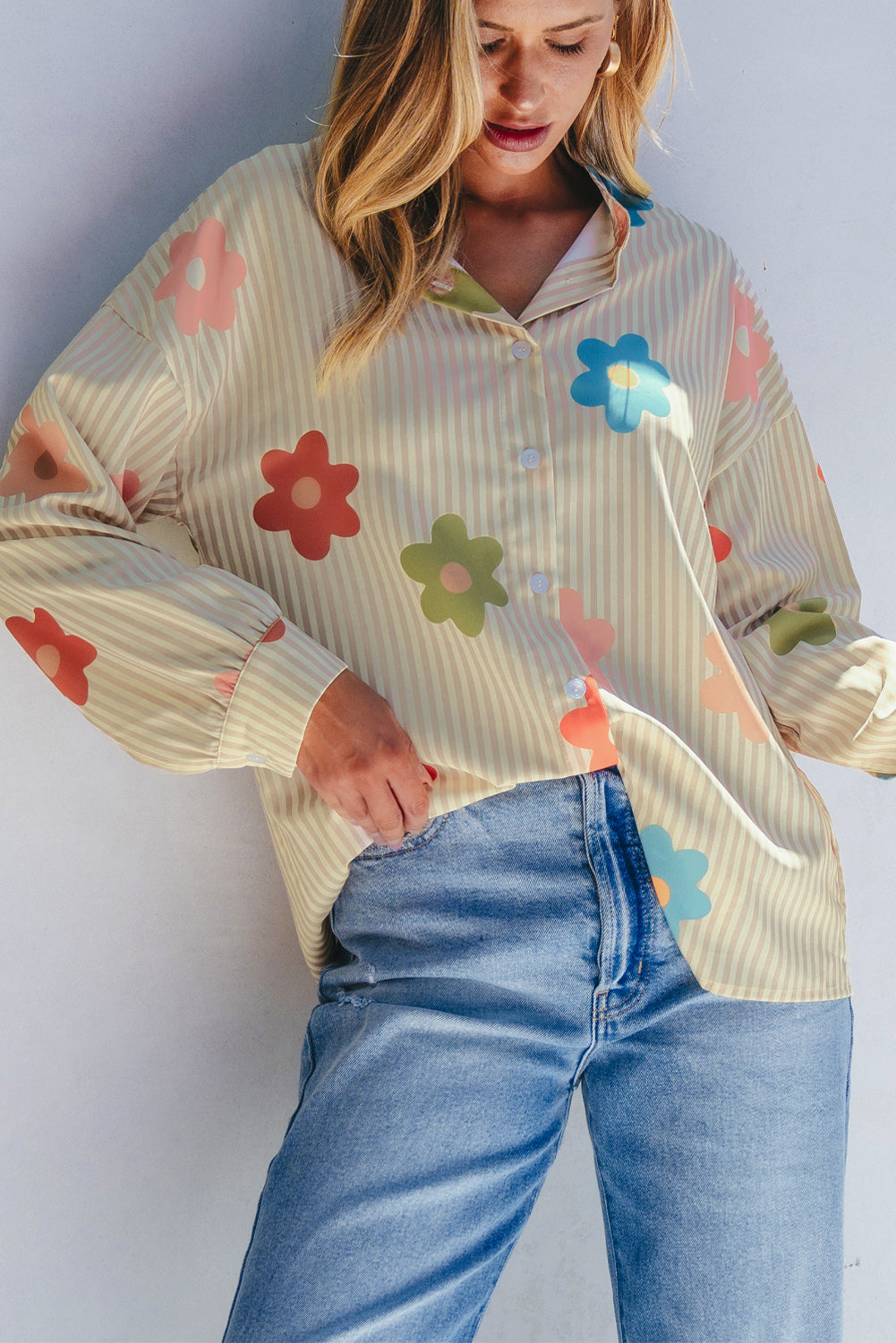 Apricot Stripe Flower Print Collarless Button-up Loose Fit Shirt