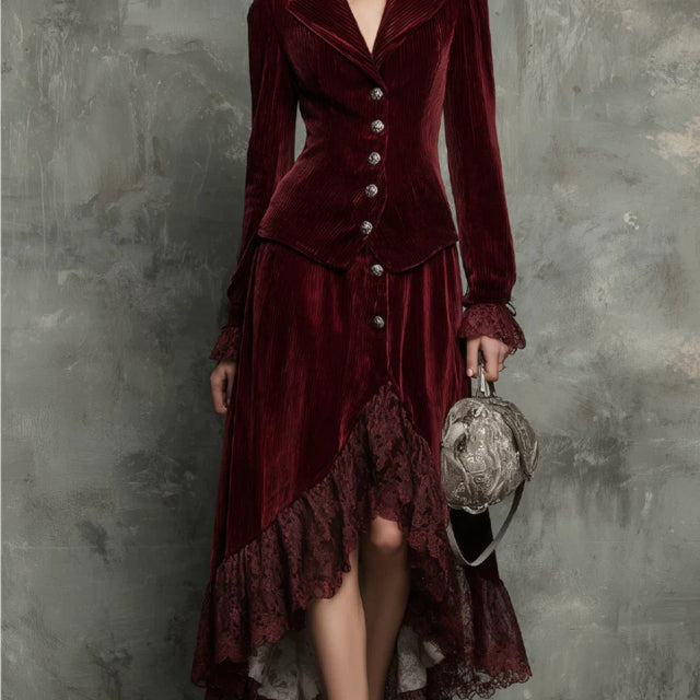 Person wearing a burgundy velvet dress with lace details against a textured gray background