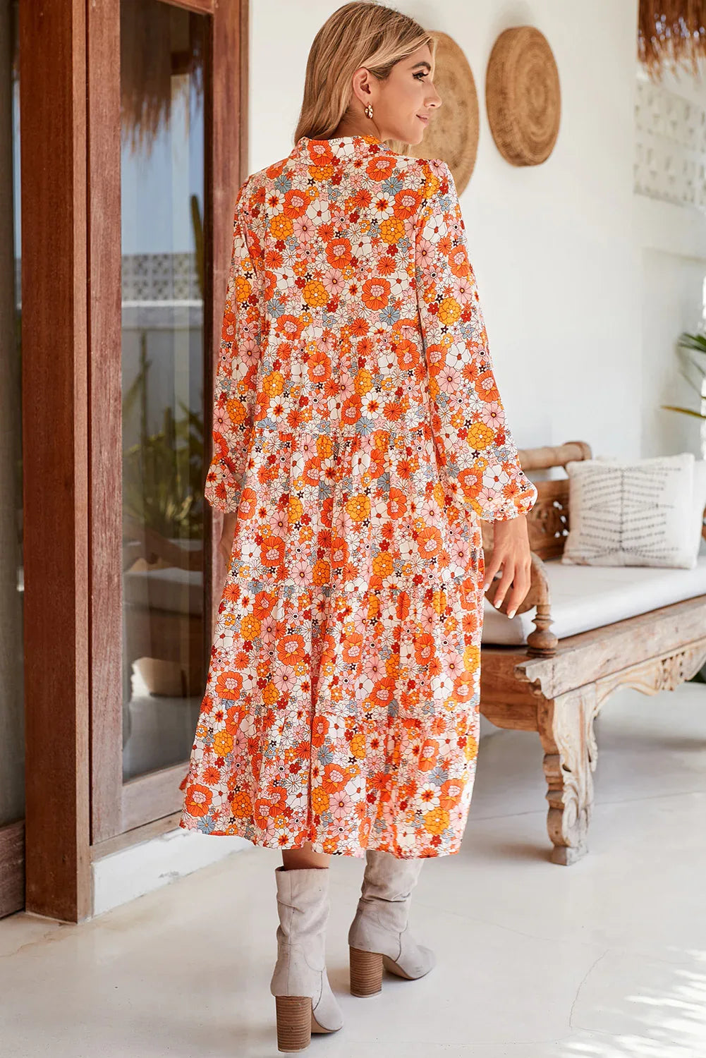 Orange Floral Collared Long Sleeve Dress Shewin 30% OFF