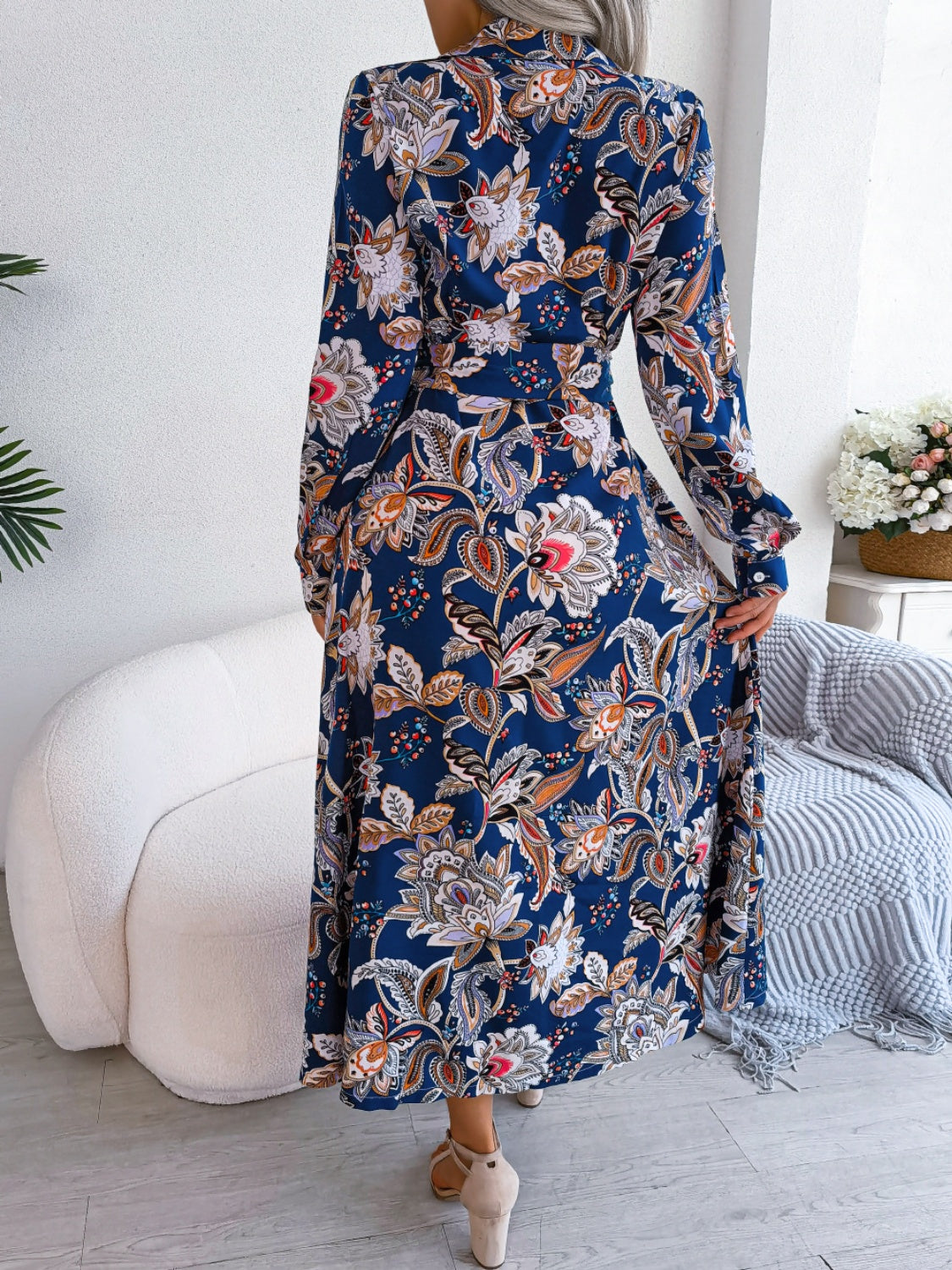 Tied Floral Long Sleeve Midi Dress